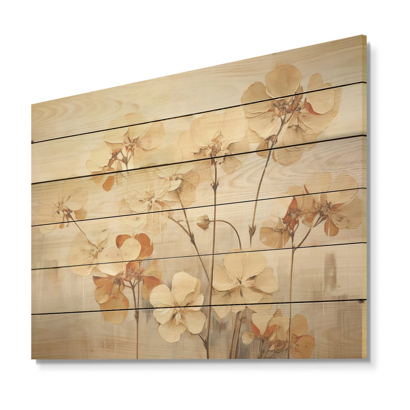Minimalisme, géraniums beige et bleu I - art mural en bois de géraniums sur bois de pin naturel, H 10 po x l 20 po