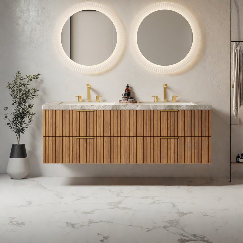 Meuble-lavabo mural 60 po avec lavabo double, comptoir en pierre frittée et 4 tiroirs, grain de bois espresso - pré-assemblé