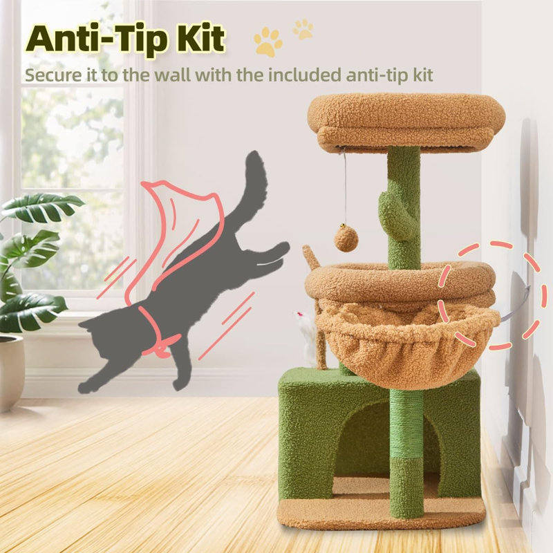 Arbre à chat avec jouet, petite tour pour chats d'intérieur, assemblage facile, robuste, multi-niveaux, facile à nettoyer, condo confortable, perchoirs, paniers