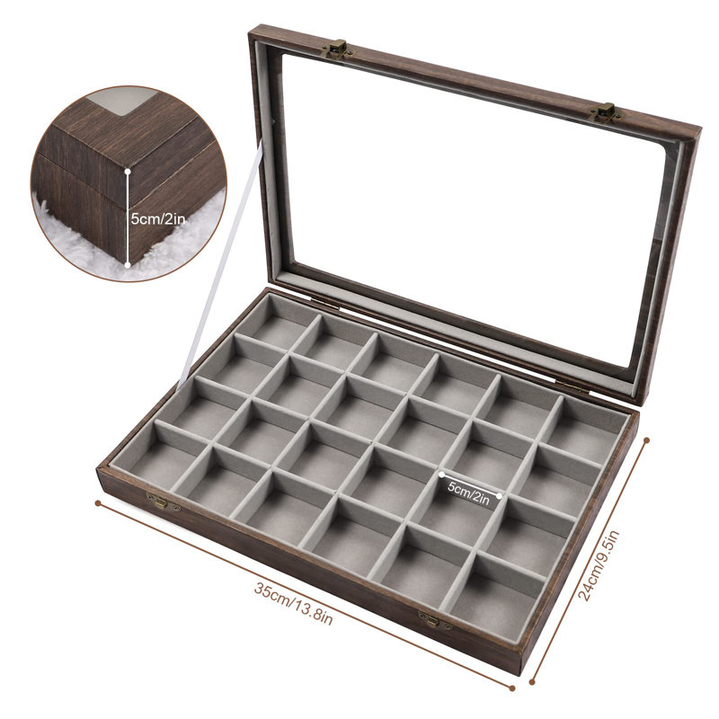 Jewellery Organizer Tray With Clear Lid 24 Grid Velvet Drawer Insert Jewellery Storage Box With Transparent Glass Lid Jewellery Display Case With Lock(Beige, 24 Grid)