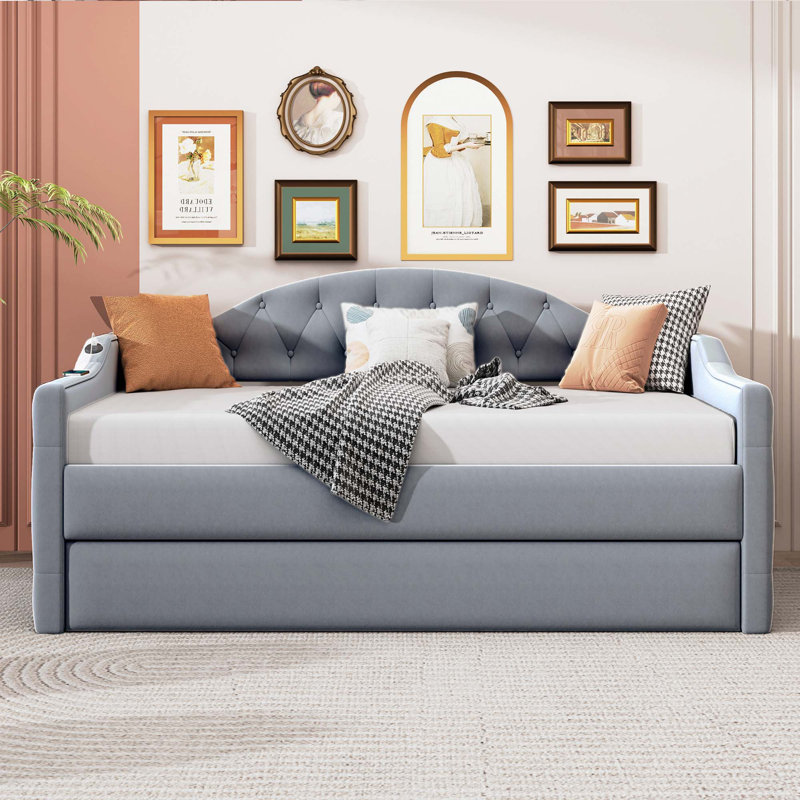 Tufted Upholstered Daybed with Trundle, Gray