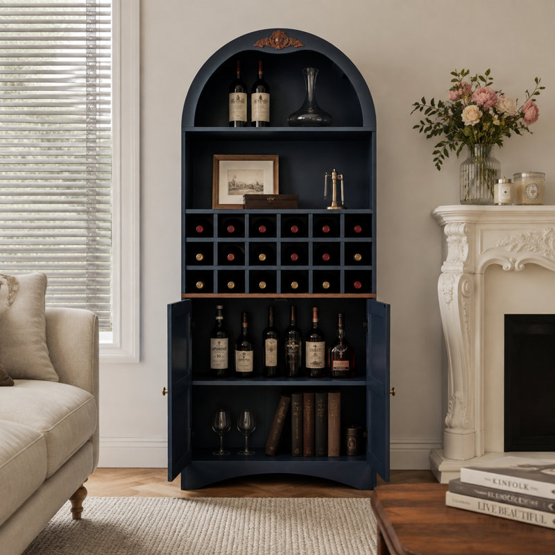 Bar arqué avec bar à vin, rangement pour boissons alcoolisées autoportant avec tablettes réglables et support à vin, Bleu
