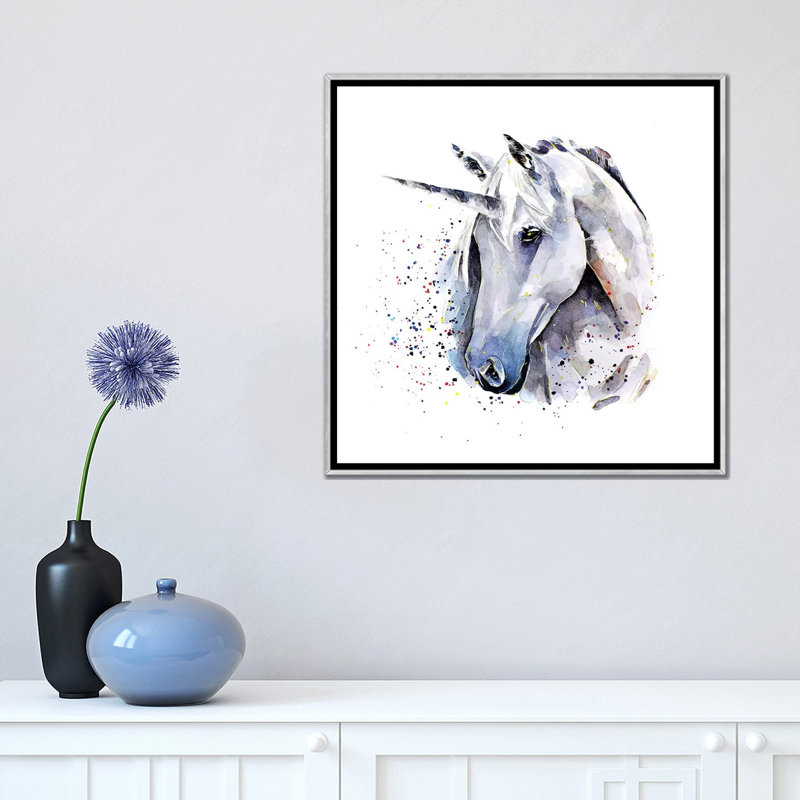 Licorne par Edwatercolours-impression, Toile avec cadre argenté, Pas de tapis, H 18 po x l 18 po x 1,5 po