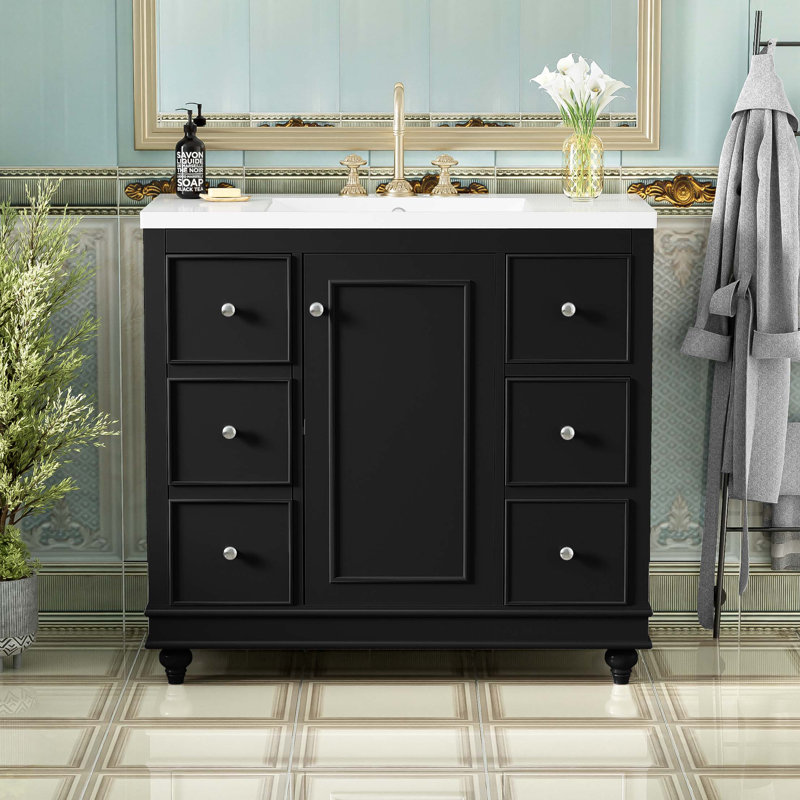 Meuble-lavabo contemporain gris, 4 tiroirs et 1 porte d'armoire, rangement polyvalent, lavabo intégré en résine, tablettes réglables, structure en bois massif avec panneau de fibres à densité moyenne