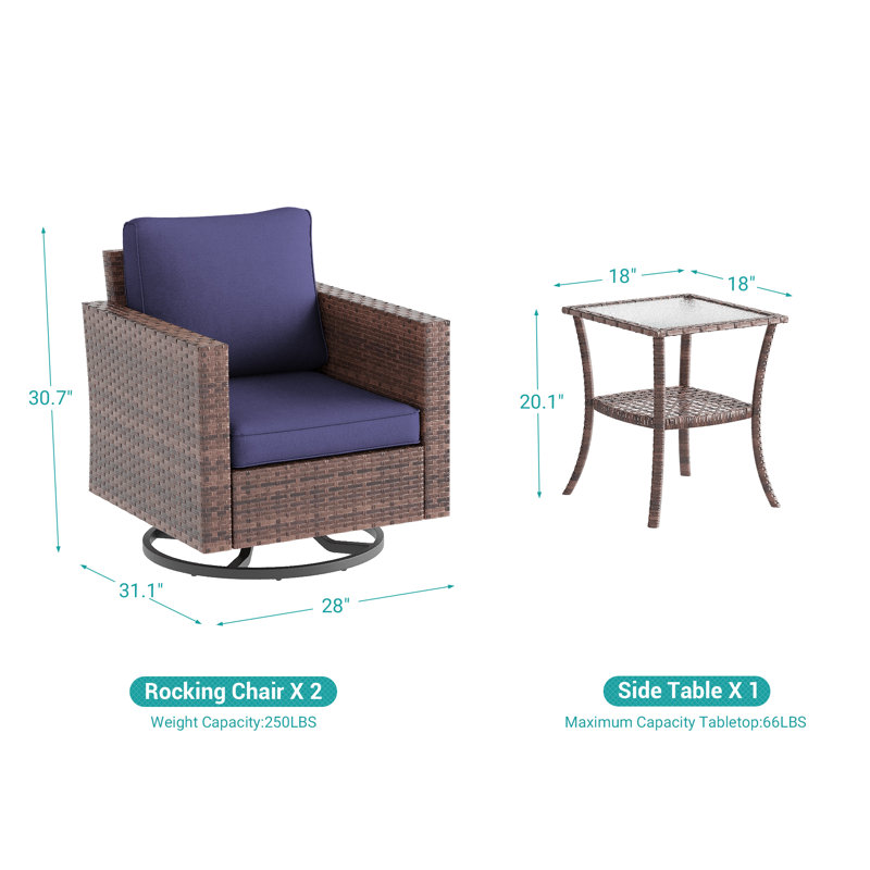 Gershwin 2 - Person Swivel Rocking Chair Outdoor Seating Group with Cushions, Brown, Navy Blue