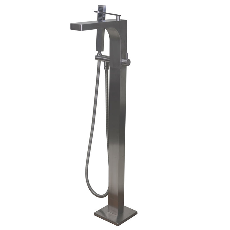39" Floor Mount Freestanding Ultra High Flow Tub Filler with Sleek Handheld Shower, Satin Nickel