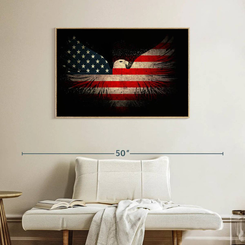 Aigle américain et drapeau, Cadre flottant en bois naturel, 40 po x 27 po