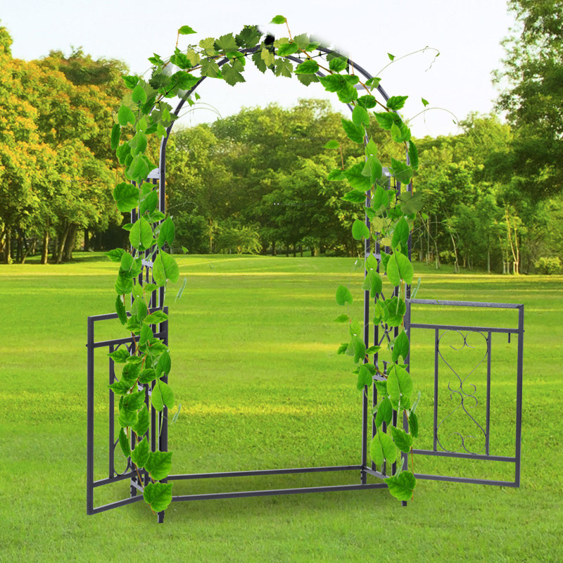Black Steel Garden Arbor with Gate and Scrollwork
