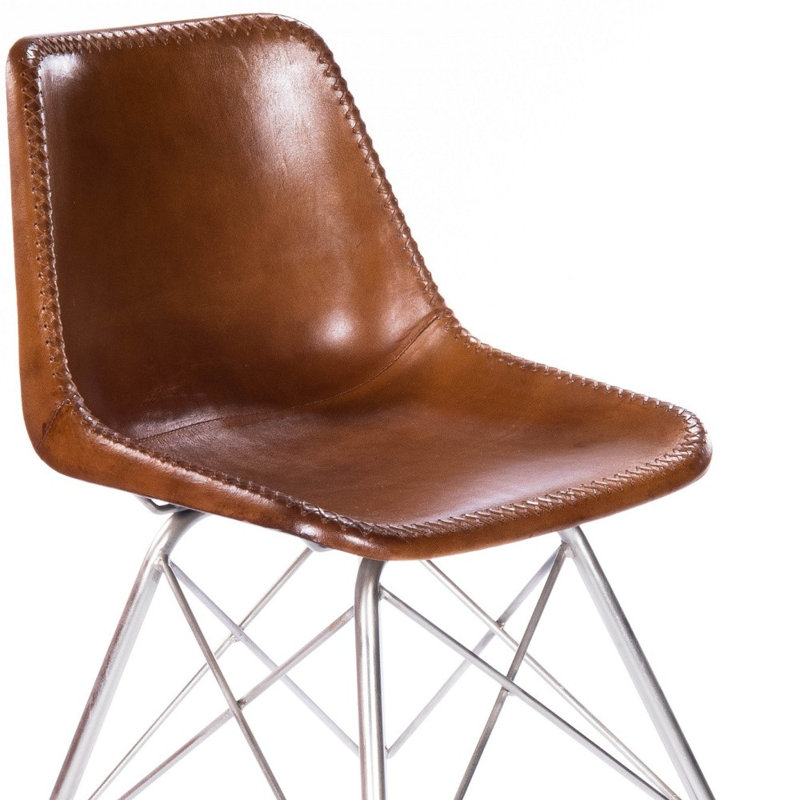  Chaise d'appoint en similicuir brun avec structure en fer argenté, 31.5" H x 19" W x 19" D, Argent