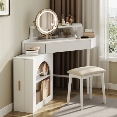 Bureau de coiffeuse de coin avec miroir et lumières à DEL, ensemble de coiffeuse moderne avec miroir et tabouret, coiffeuse avec grand rangement pour petite place, miroir pliant réglable en luminosité, blanc