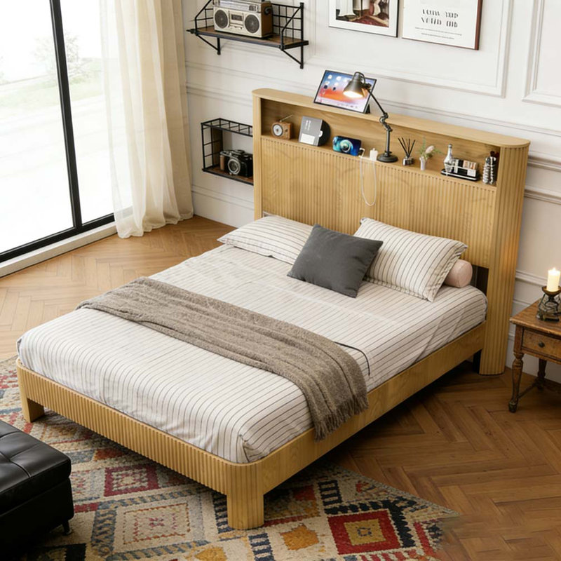 Queen Size bed frame with storage headboard, Natural