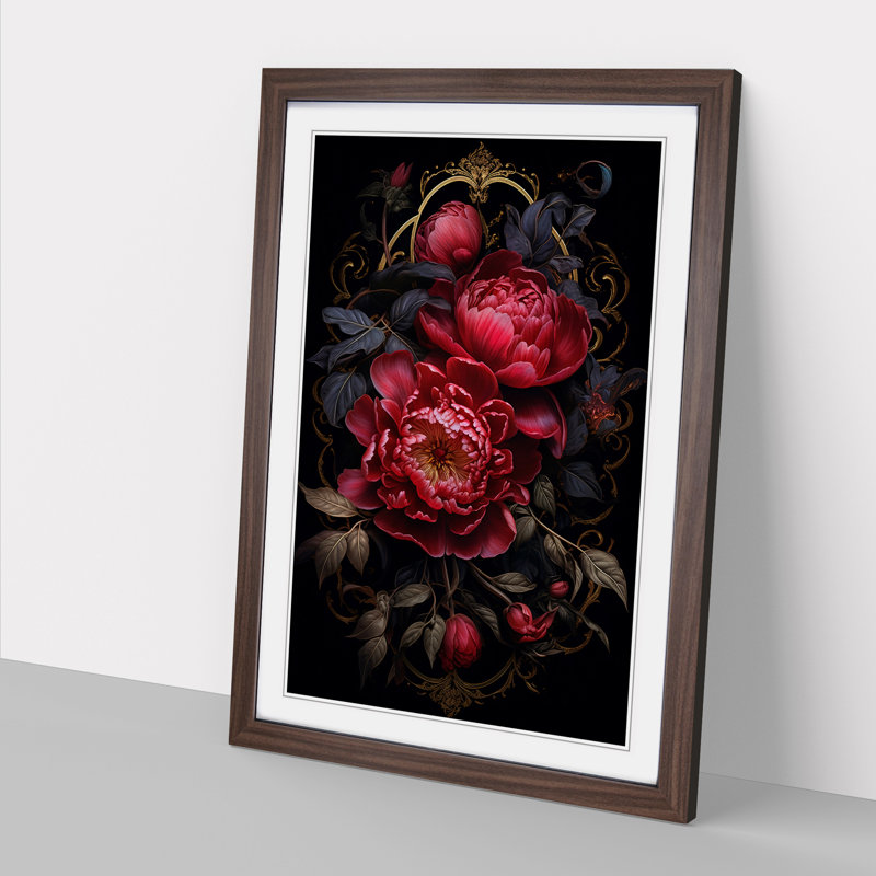 Peony Flower Gothic - Single Picture Frame Print on Wood, 64cm H x 46cm W x 2cm D, Walnut Framed