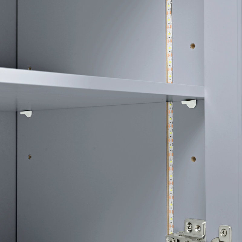 Îlot de cuisine sur roulettes avec portes en verre cannelé, lumières DEL, bloc d'alimentation et table allongée grise, prises, assemblage facile