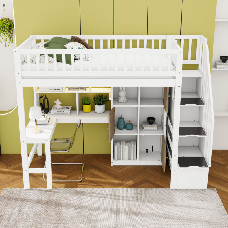 Lit mezzanine simple en bois avec bureau intégré, tablettes, armoires et DEL, Blanc