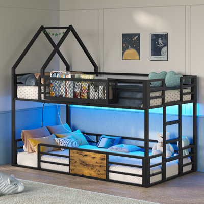 Twin Over Twin Bunk Bed With Charging Station, Storage Shelf,house Bunk Bed Frame Metal Loft Bed With Led Lights,no Box Spring Needed,space Saving For Bedroom