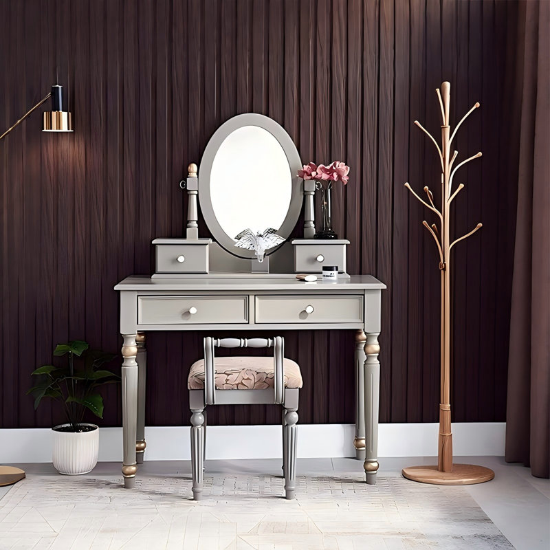 39.37"Gray Solid Wood Ash Vanity With a Mirror and Vanity stool