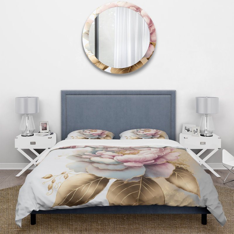 Ensemble de housse de couette camélia floral rose et doré - microfibre de polyester