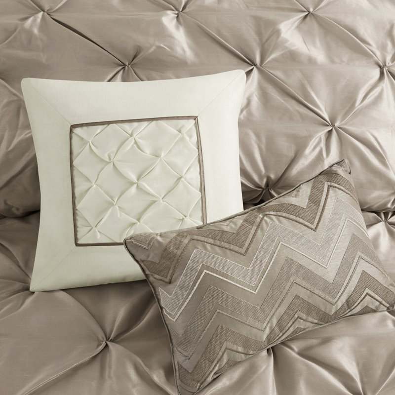 Édredon pour grand lit taupe 7 pièces - Décoration magnifique, rembourrage, 1 édredon, 2 taies décoratives, 3 coussins, jupe de lit, capitonnage facile à nettoyer, tissu, entretien