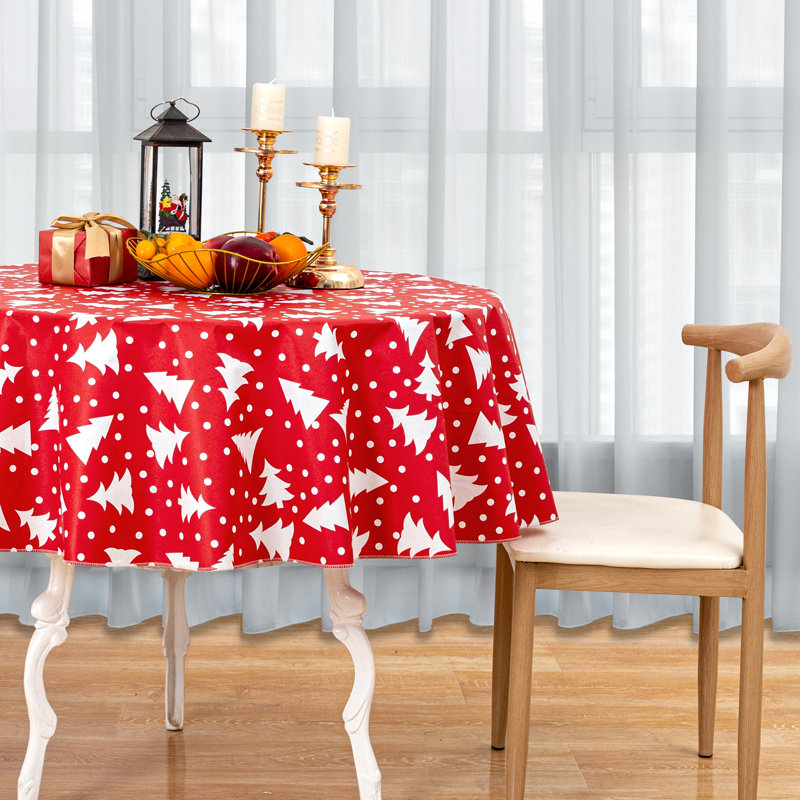 Nappe de Noël ronde en vinyle imperméable avec envers en flanelle, 152 cm (60 pouces), motif sapin de Noël rouge et blanc à pois rouges.