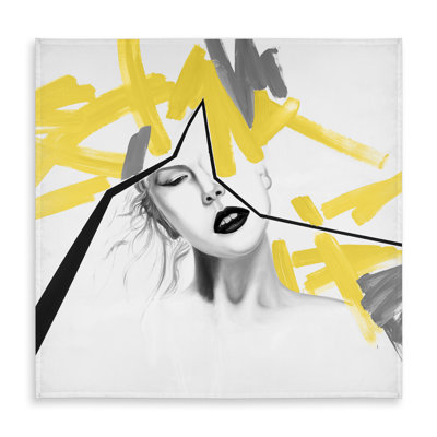 Gray Modern Figurative Tablecloth - Woman with Yellow Line Decor