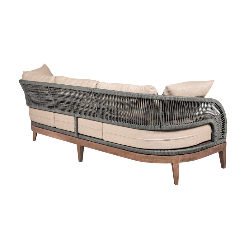 Outdoor Patio Sofa In Weathered Eucalyptus Wood With Gray Rope And Taupe Olefin Cushions