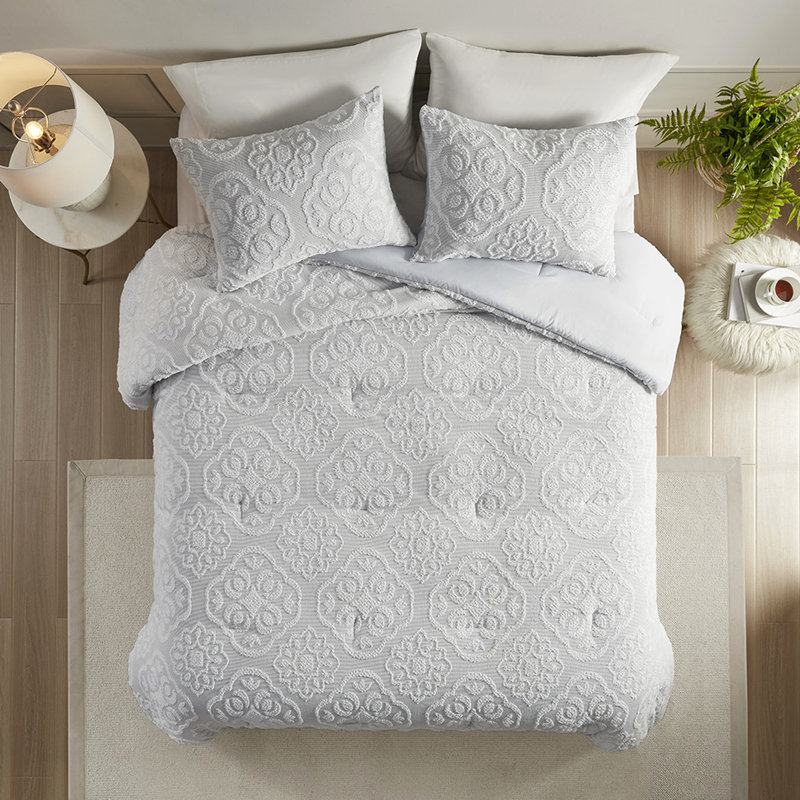 King/ King Comforter With Medallion - 100% , , Grey White Woven Style