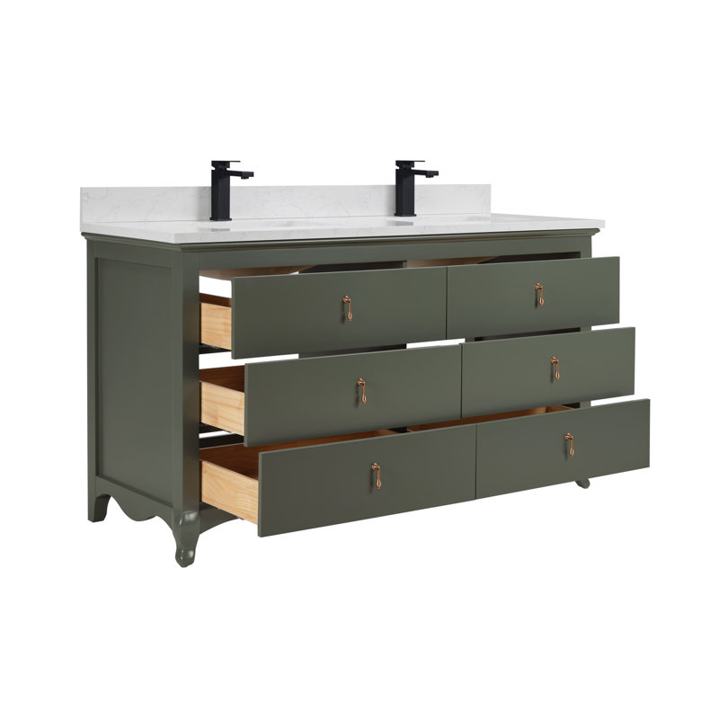 60" Solid Wood Sink Vanity  With 1' Artificial Stone Top, Pewter Green