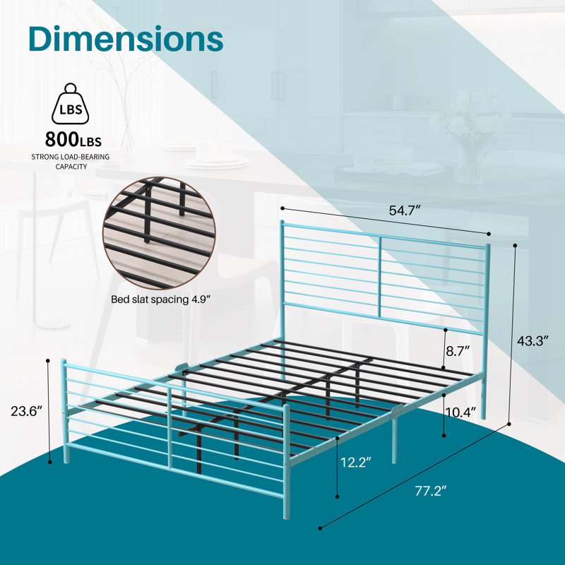 Modern Horizontal Slat Metal Bed Frame with Headboard and Footboard, FULL, LIGHTBLUE