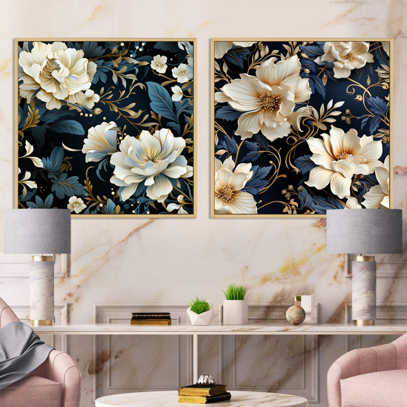 Grateron - Ensemble de 2 collages carrés floraux, Cadre flottant brun, H 36 po x l 73 po