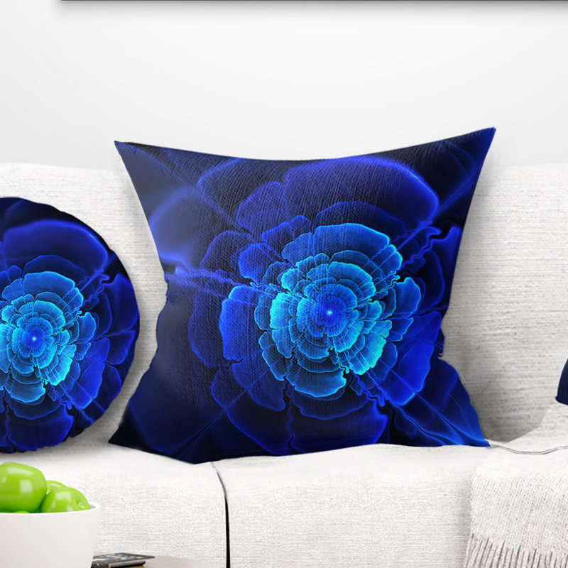 Blue Fractal Flower in Dark - Floral Printed Pillow, 16" x 16", Blue/Black, Throw Pillow