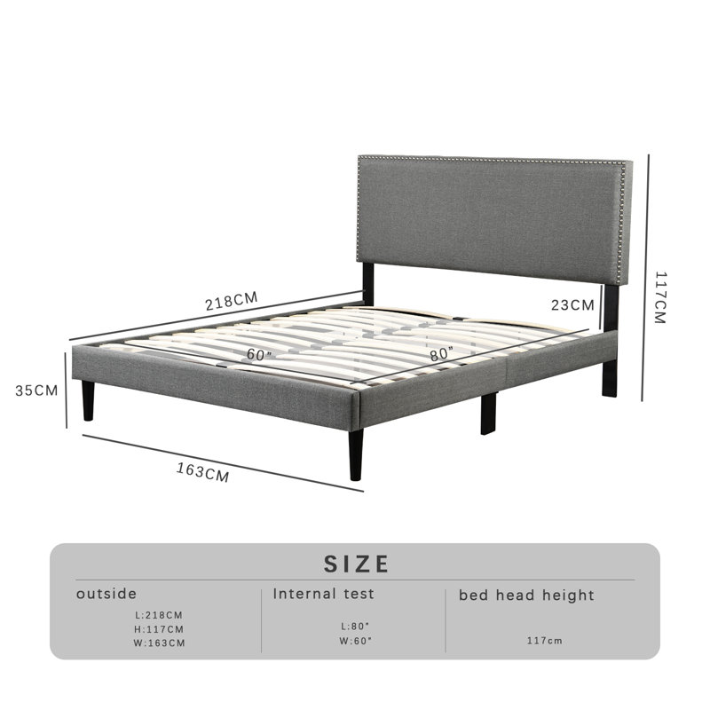 Lit plateforme tapissier en métal avec tête de lit Ebern Designs, Gris clair
