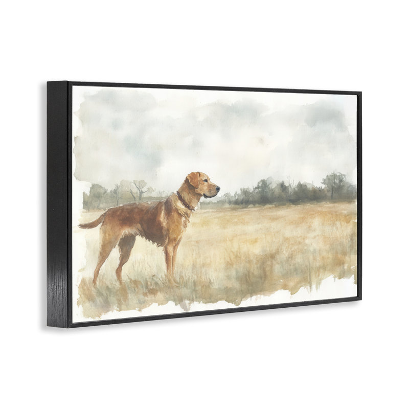 Retriever Dog in Open Field, giclée encadrée, design par Petal Prints Design, H 16 po x l 24 po, Giclée encadrée noir minuit