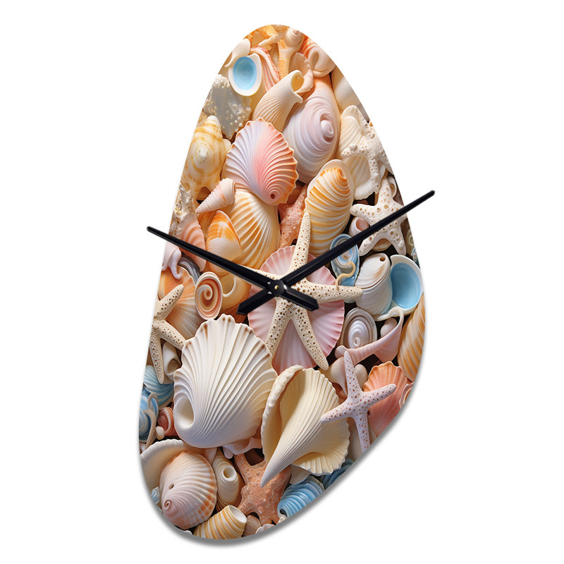 Seashell Realistic Treasures Realism - Seashell Asymmetrical Metal Wall Clock, Modern Unique Shape Wall Clock Print, Grand