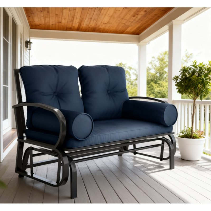 Banc de patio double, fauteuil berçant et oscillant, causeuse pour 2 personnes avec structure en acier, coussins, accoudoirs coussinés