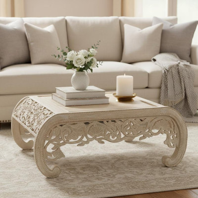 Table basse rétro patinée en treillis blanc patiné 46 po