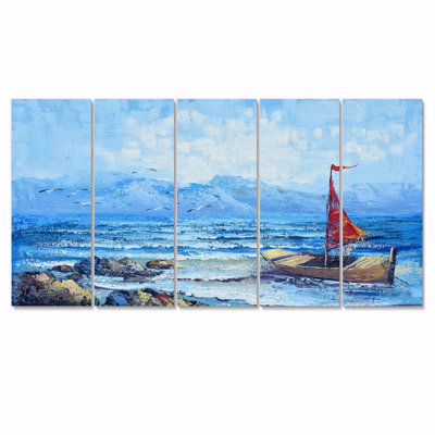 Voilier rouge sur un océan bleu - reproduction d'art sur toile nautique et côtière - 60 x 28 - 5 panneaux