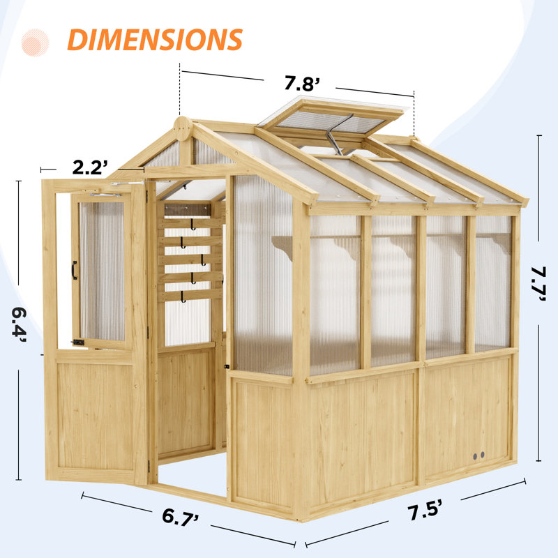 Natural Cedar and Polycarbonate Walk-In Greenhouse with Roof Vent