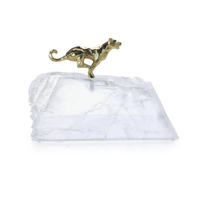 Sprinting Brass Panther Sculpture On Selenite