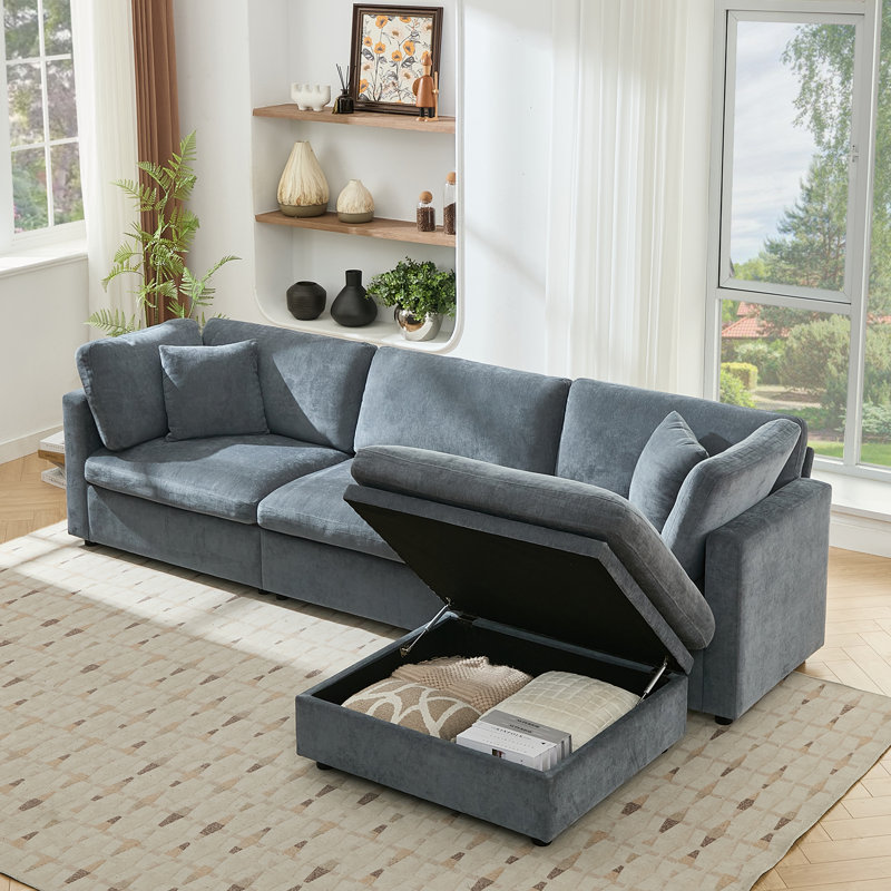 118.5” Oversized Cloud Modular Sectional Down Filled 4-Seater L Shape Sofa, Gray Chenille