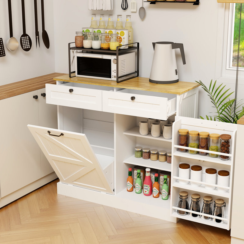 Armoire de rangement pour poubelle de cuisine avec 2 tiroirs et 1 armoire à ordures basculante et 1 porte avec support de rangement et 2 tablettes