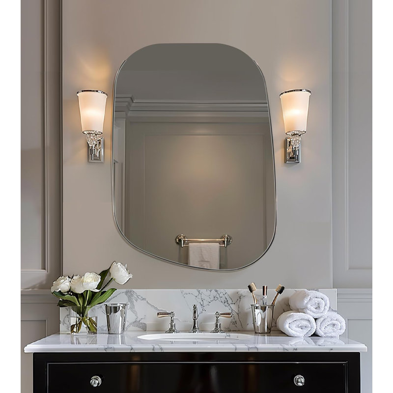Huldrik Asymmetrical Irregular Bathroom Vanity Mirror | Stainless Steel Frame, Brushed Nickel, 30" x 22"