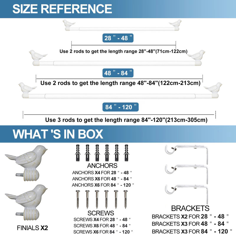 Tringle à rideaux simple réglable Kolb, 48 po à 84 po, Blanc doré