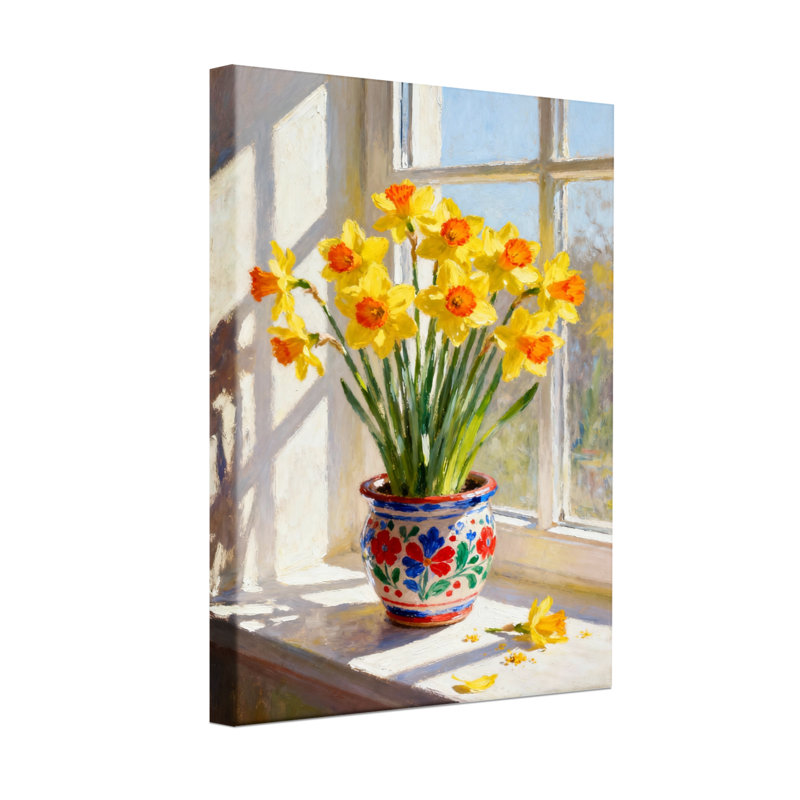 Plantes et fleurs jonquilles ensoleillées dans un pot coloré près de la fenêtre, H 24 po x l 16 po