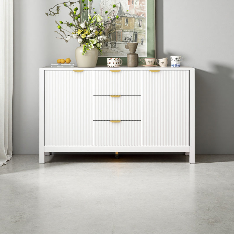 Sideboard With Wave Design - 3 Adjustable Shelves, White