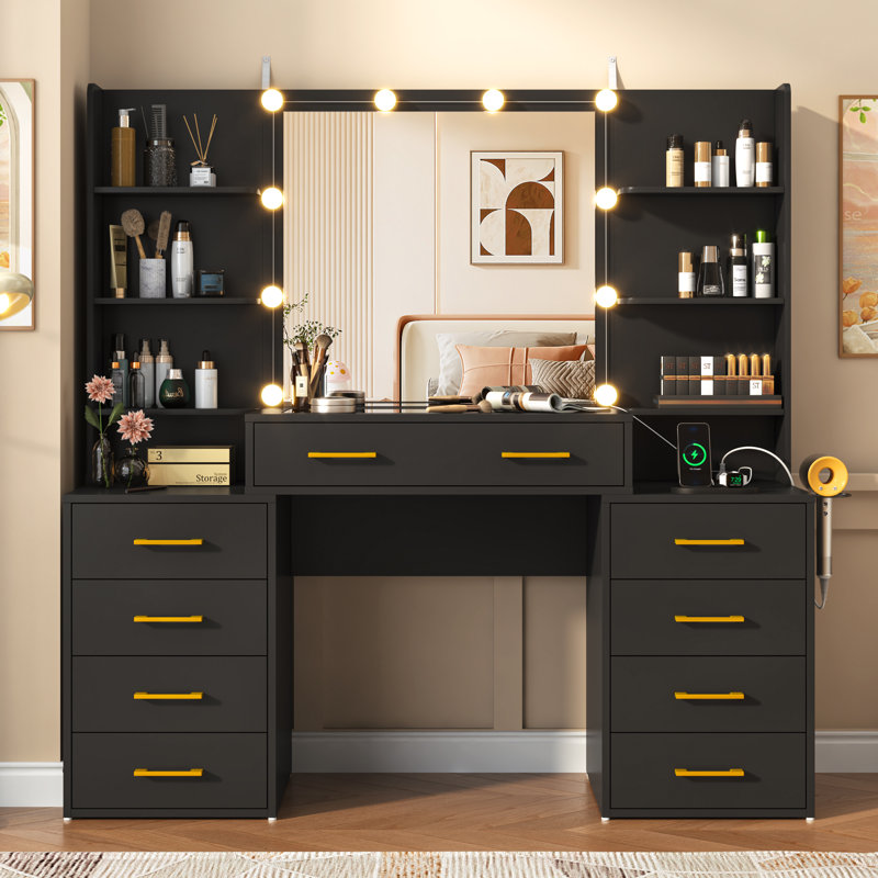 55.2" Tempered Glass Top Makeup Vanity Desk With LED Lights And Charging Station, Black