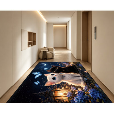 Tapis lavable à la machine avec motif de chats fantaisistes, ciel nocturne et lune, dos antidérapant, idéal pour décorer votre salon, chambre, salle de jeux ou appartement. Décoration intérieure chaleureuse.