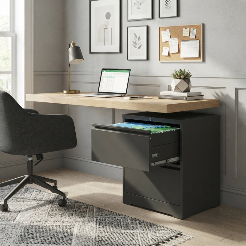 26.8'' W x 28.5'' H 2‑Drawer Lateral Metal File Cabinet with Lock, Lockable Steel Horizontal Filing Cabinet with Full‑Extension Drawers, Anti‑Tipping Interlock System for Letter A4 Files, Black for Home Office
