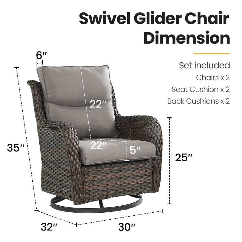 Fauteuils coulissants et pivotants d'extérieur en osier avec coussins de 5 po, Brun, Gris