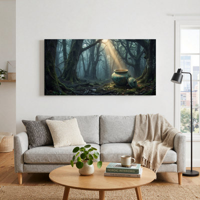 Art mural en toile patiné vert bronze dans une forêt brumeuse avec rayons de soleil