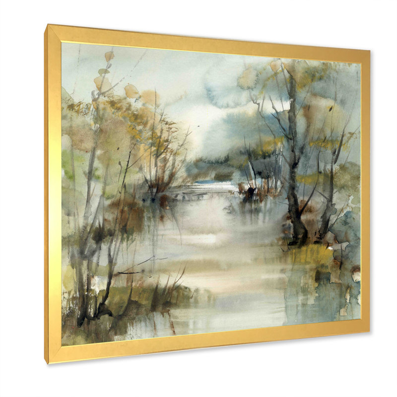 Winter River Landscape Illustration - Paysages, art mural, Impression encadrée, H 30 po x l 30 po, Doré